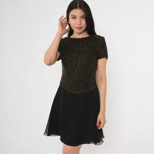 Bieff Basix black mini dress 90s vintage bronze beaded silk chiffon dress 12